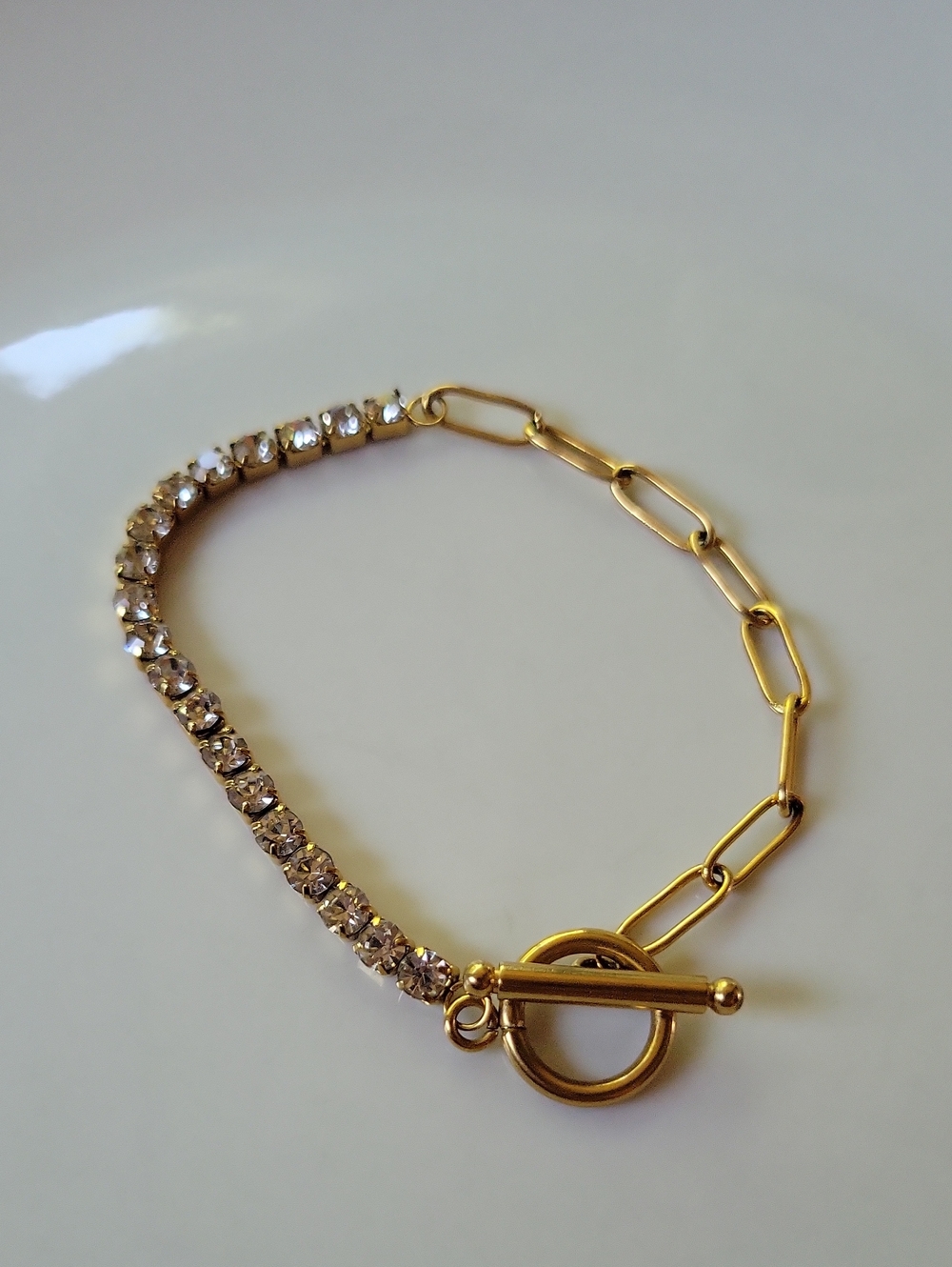 Gold Stainless Steel Half Tennis Half Chain Toggle Bracelet